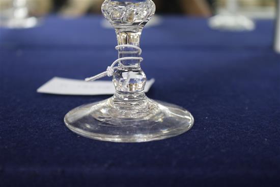 A wine glass, c.1750, with flared bowl, over a knopped airtwist stem, 6.75in.